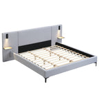 Chic Linen Upholstered Bed with Integrated Lights and Shelves, Grey, King Bed Frame