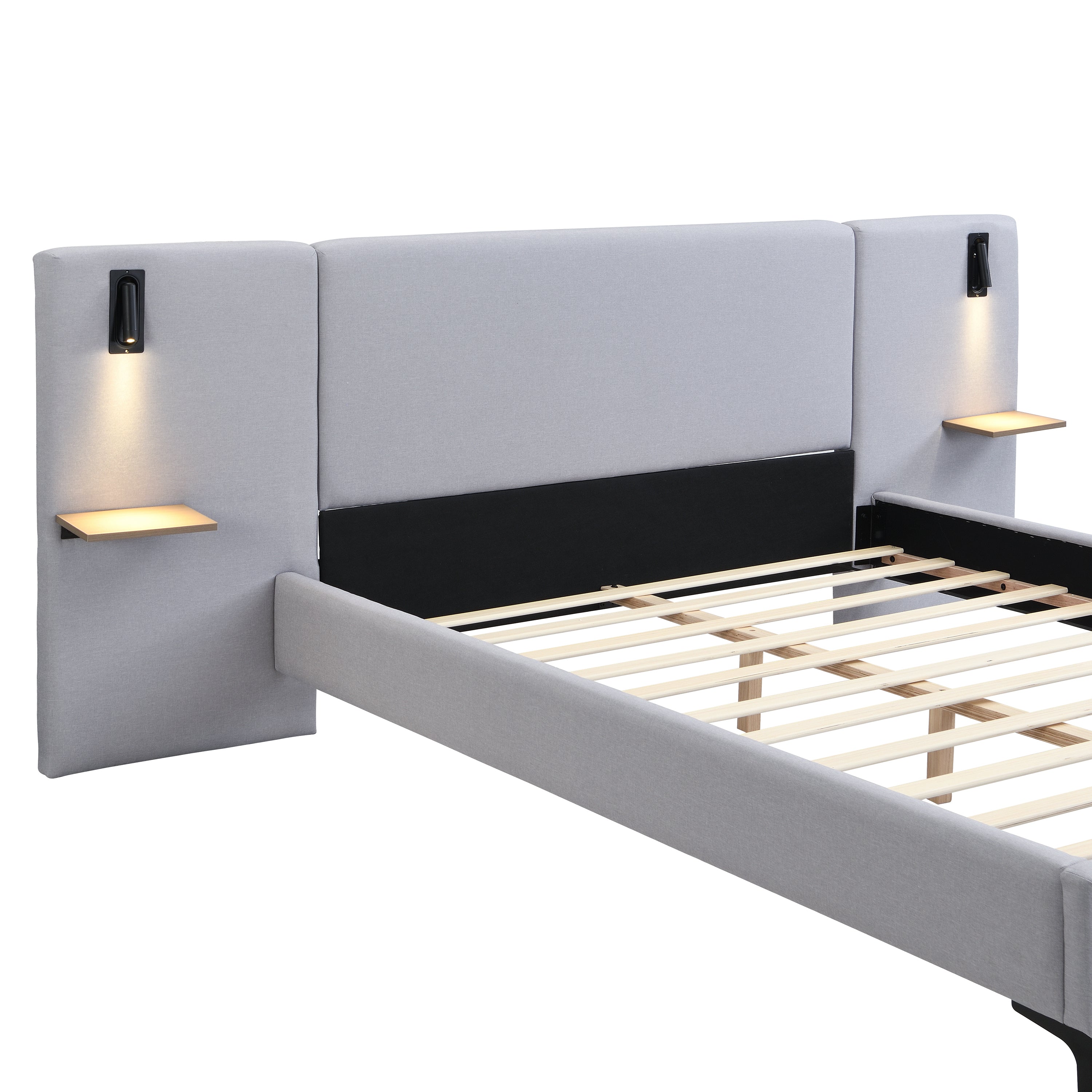 Chic Linen Upholstered Bed with Integrated Lights and Shelves, Grey, Queen Bed Frame