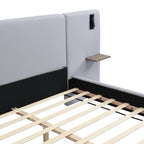 Chic Linen Upholstered Bed with Integrated Lights and Shelves, Grey, Queen Bed Frame