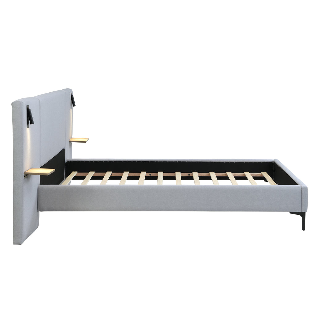 Chic Linen Upholstered Bed with Integrated Lights and Shelves, Grey, Queen Bed Frame