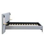 Chic Linen Upholstered Bed with Integrated Lights and Shelves, Grey, Queen Bed Frame