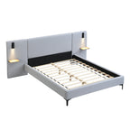 Chic Linen Upholstered Bed with Integrated Lights and Shelves, Grey, Queen Bed Frame