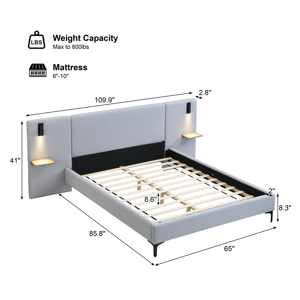 Chic Linen Upholstered Bed with Integrated Lights and Shelves, Grey, Queen Bed Frame