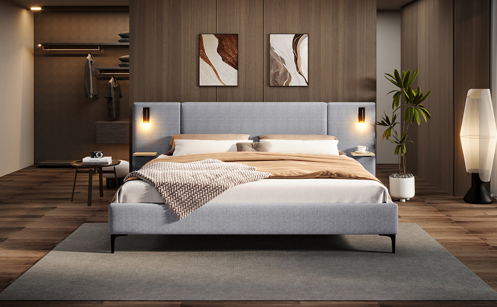 Chic Linen Upholstered Bed with Integrated Lights and Shelves, Grey, Queen Bed Frame