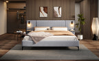 Chic Linen Upholstered Bed with Integrated Lights and Shelves, Grey, Queen Bed Frame