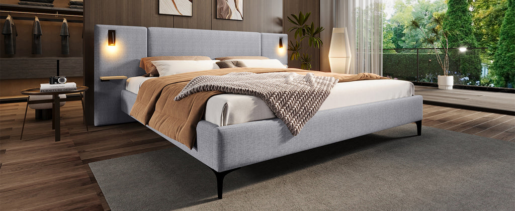 Chic Linen Upholstered Bed with Integrated Lights and Shelves, Grey, Queen Bed Frame