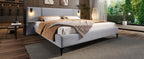 Chic Linen Upholstered Bed with Integrated Lights and Shelves, Grey, Queen Bed Frame
