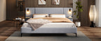 Chic Linen Upholstered Bed with Integrated Lights and Shelves, Grey, Queen Bed Frame