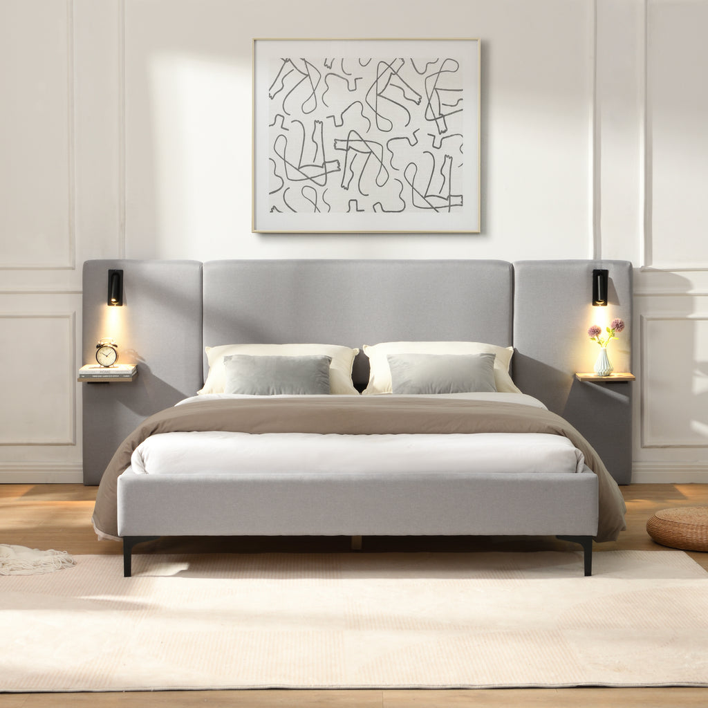 Chic Linen Upholstered Bed with Integrated Lights and Shelves, Grey, Queen Bed Frame