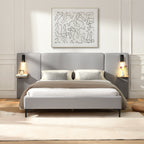 Chic Linen Upholstered Bed with Integrated Lights and Shelves, Grey, Queen Bed Frame