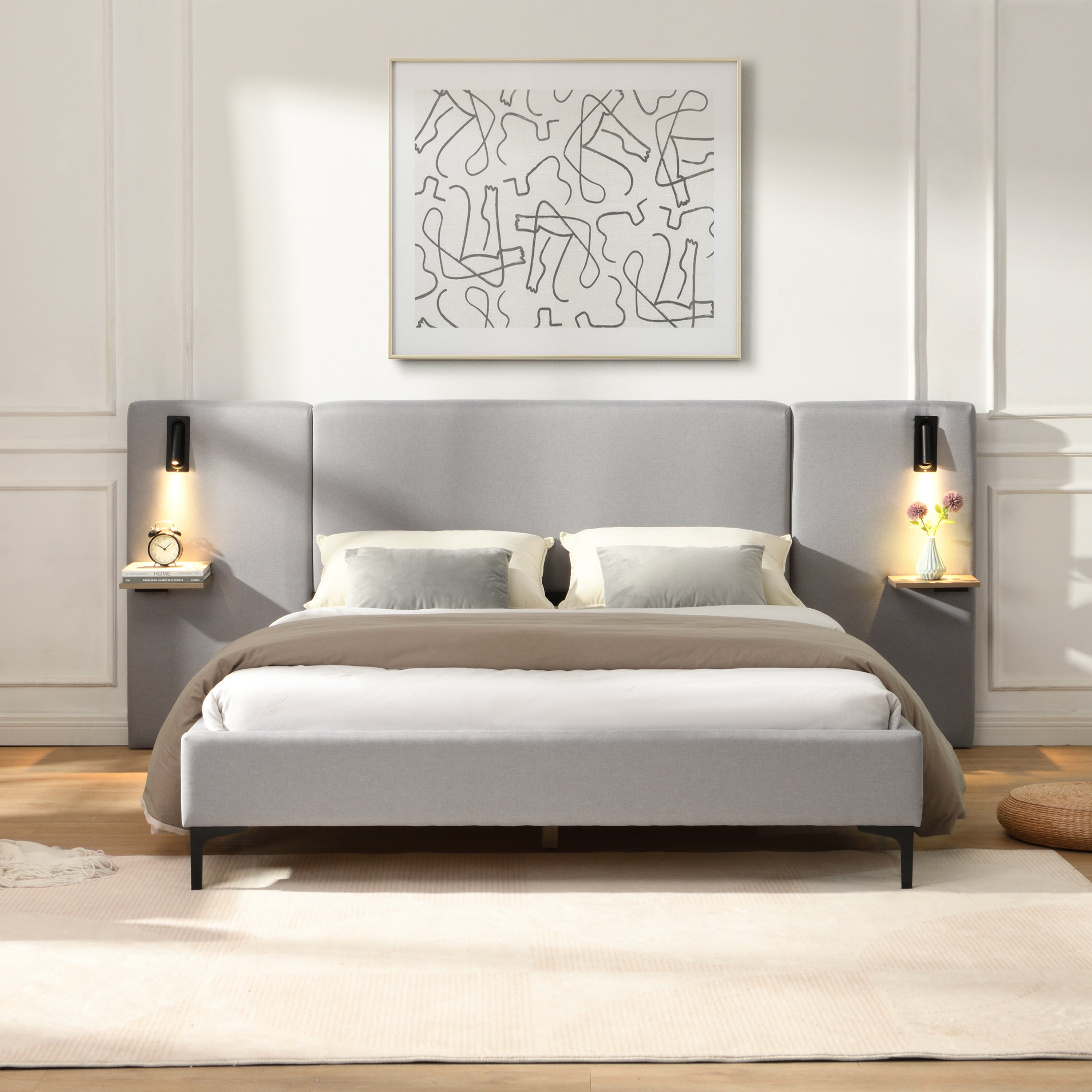 Chic Linen Upholstered Bed with Integrated Lights and Shelves, Grey, Queen Bed Frame