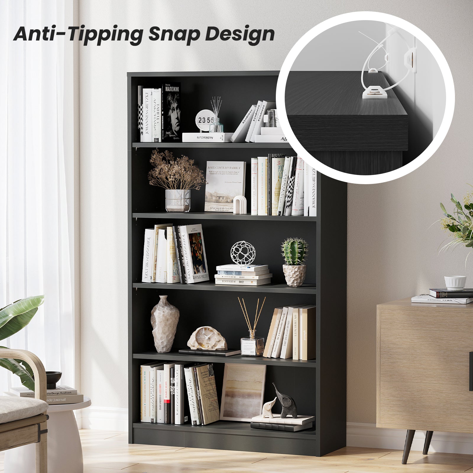 Modern 5 shelf grey bookcase with anti-tipping snap design, perfect for bedroom or office storage and safety.