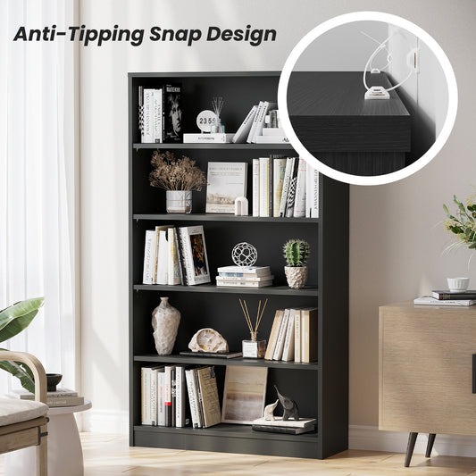Modern 5 shelf grey bookcase with anti-tipping snap design, perfect for bedroom or office storage and safety.