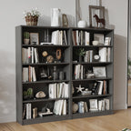 Two grey 5-tier bookshelves in a living room setting, showcasing spacious storage for books, decor, and manga collections.