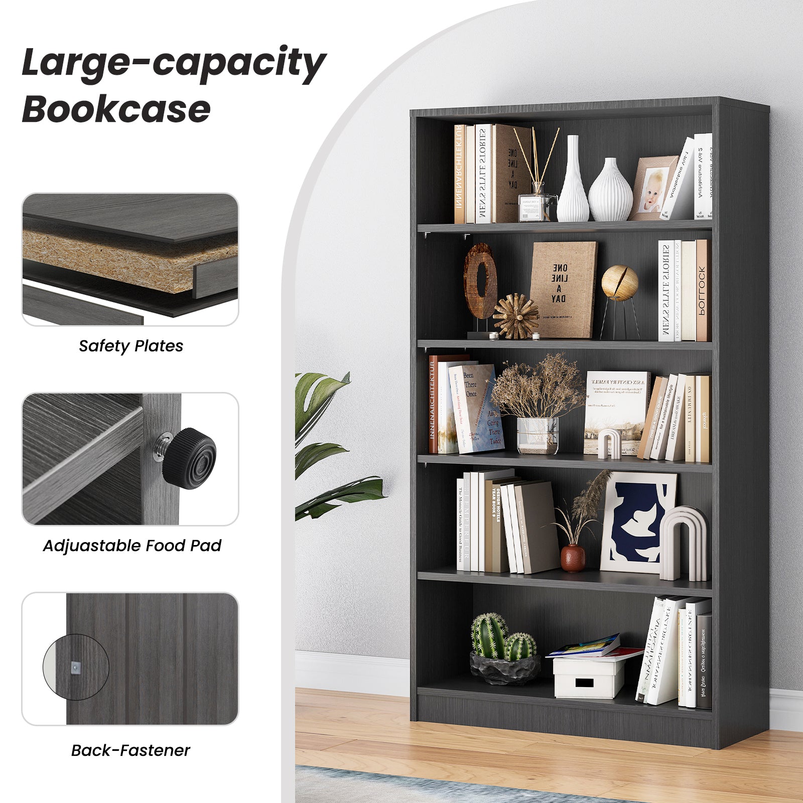 Large-capacity grey bookshelf with safety plates, adjustable foot pad, and back-fastener, ideal for modern bedroom or office.
