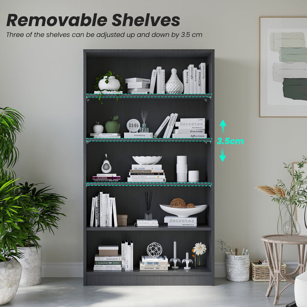 Grey bedroom bookshelf with 5 removable shelves, adjustable by 3.5 cm for flexible storage of books and decor.