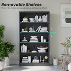 Grey bedroom bookshelf with 5 removable shelves, adjustable by 3.5 cm for flexible storage of books and decor.