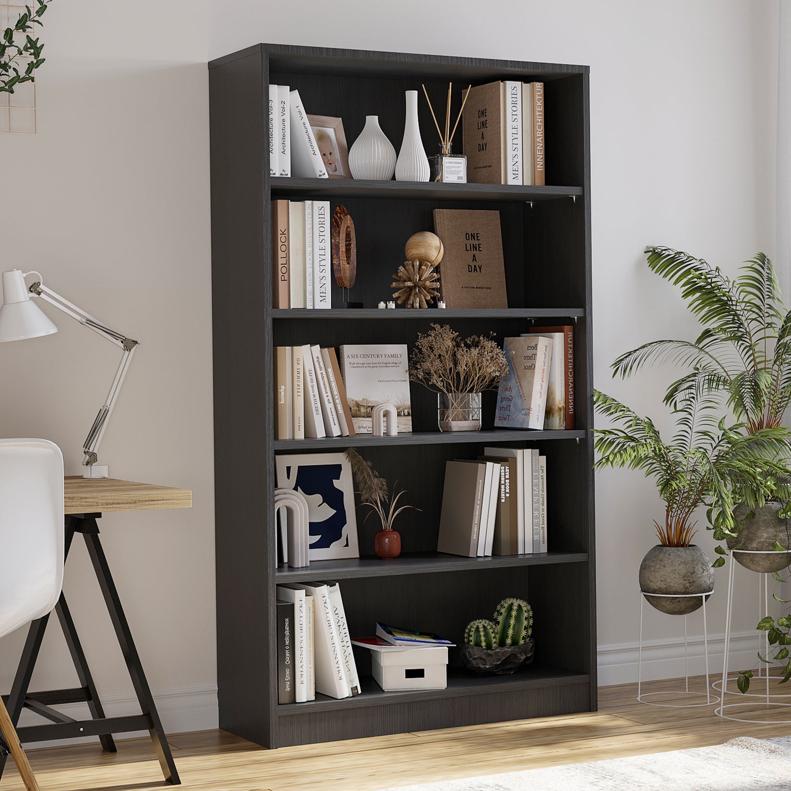 Modern grey 5 shelf bookcase in a cozy home office, offering waterproof, scratch-resistant storage for books and plants.