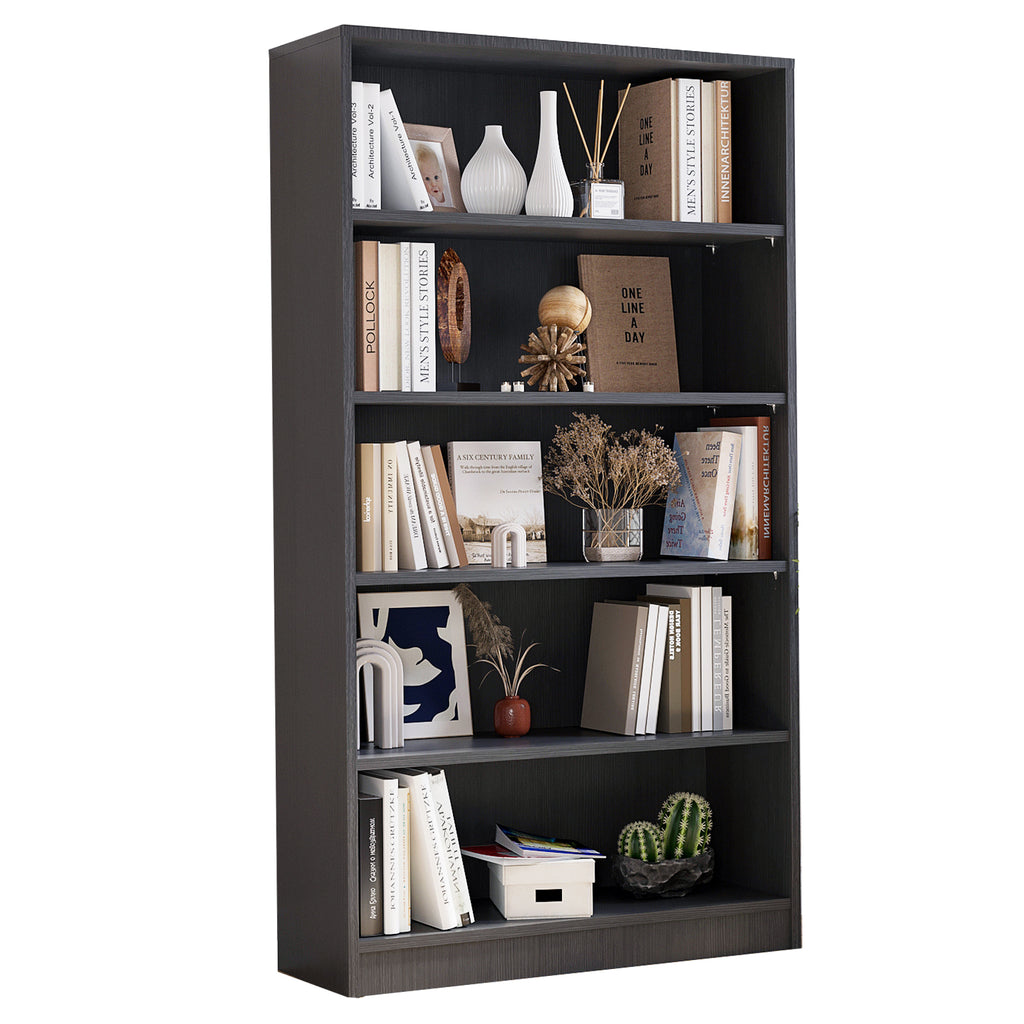 Grey bedroom bookshelf with 5 wide shelves, modern wood design ideal for living room or office, holding books and decorative items.