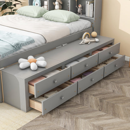 Full Bed with Bookcase Headboard, Under bed Storage Drawers and Bed End Storage Case,Grey