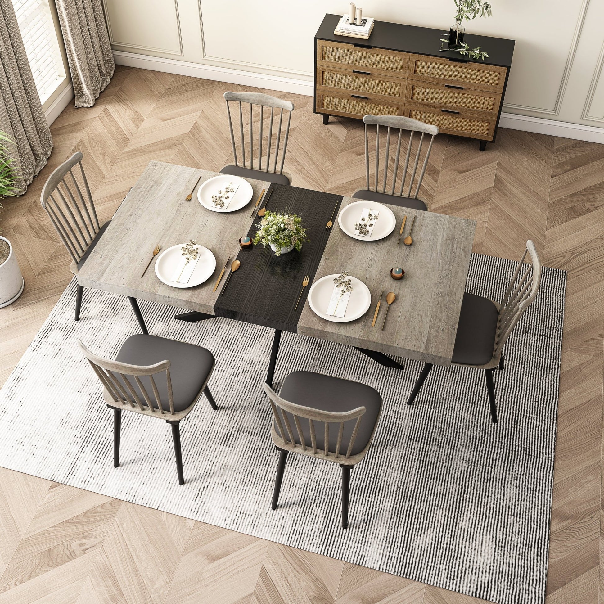 55.11'' -70.86"Retro Rectangular Stretch Dining Table, Grey Carole Top With Black Embossed Center Plate, Black Fine Sand Cross Iron Foot Base Dining Table, With Storage Box. - Groovy Boardz