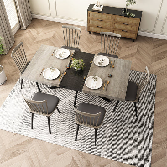 55.11'' -70.86"Retro Rectangular Stretch Dining Table, Grey Carole Top With Black Embossed Center Plate, Black Fine Sand Cross Iron Foot Base Dining Table, With Storage Box. - Groovy Boardz