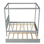 Full Size Canopy Bed with Twin Trundle, Kids Solid Wood Platform Bed Frame w/ Headboard, No Box Spring Needed Grey Color