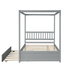 Full Size Canopy Bed with Twin Trundle, Kids Solid Wood Platform Bed Frame w/ Headboard, No Box Spring Needed Grey Color