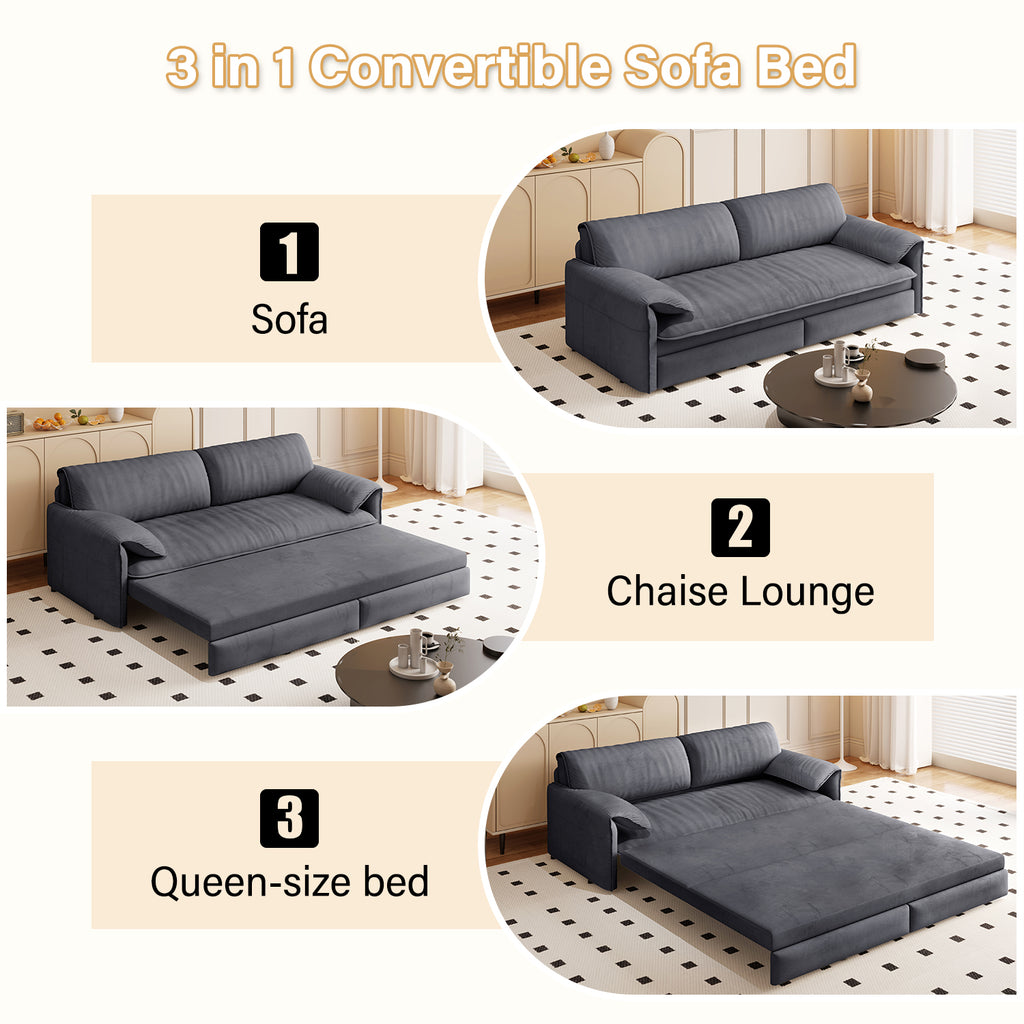 66' Queen Pull Out Sofa Bed, 3-in-1 Convertible Sleeper Sofa with Side Storage,Multi-Functional Velvet Loveseat Bed for Living Room,Bedroom,Apartment,Office Sofa