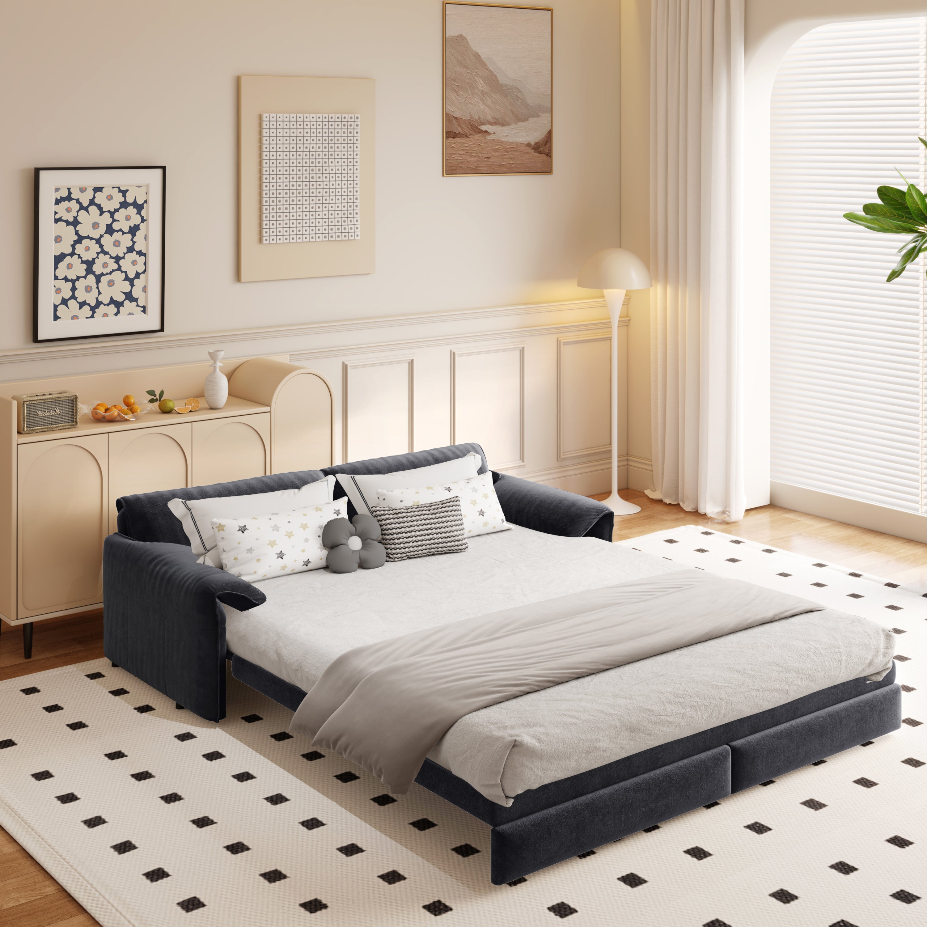 66' Queen Pull Out Sofa Bed, 3-in-1 Convertible Sleeper Sofa with Side Storage,Multi-Functional Velvet Loveseat Bed for Living Room,Bedroom,Apartment,Office Sofa