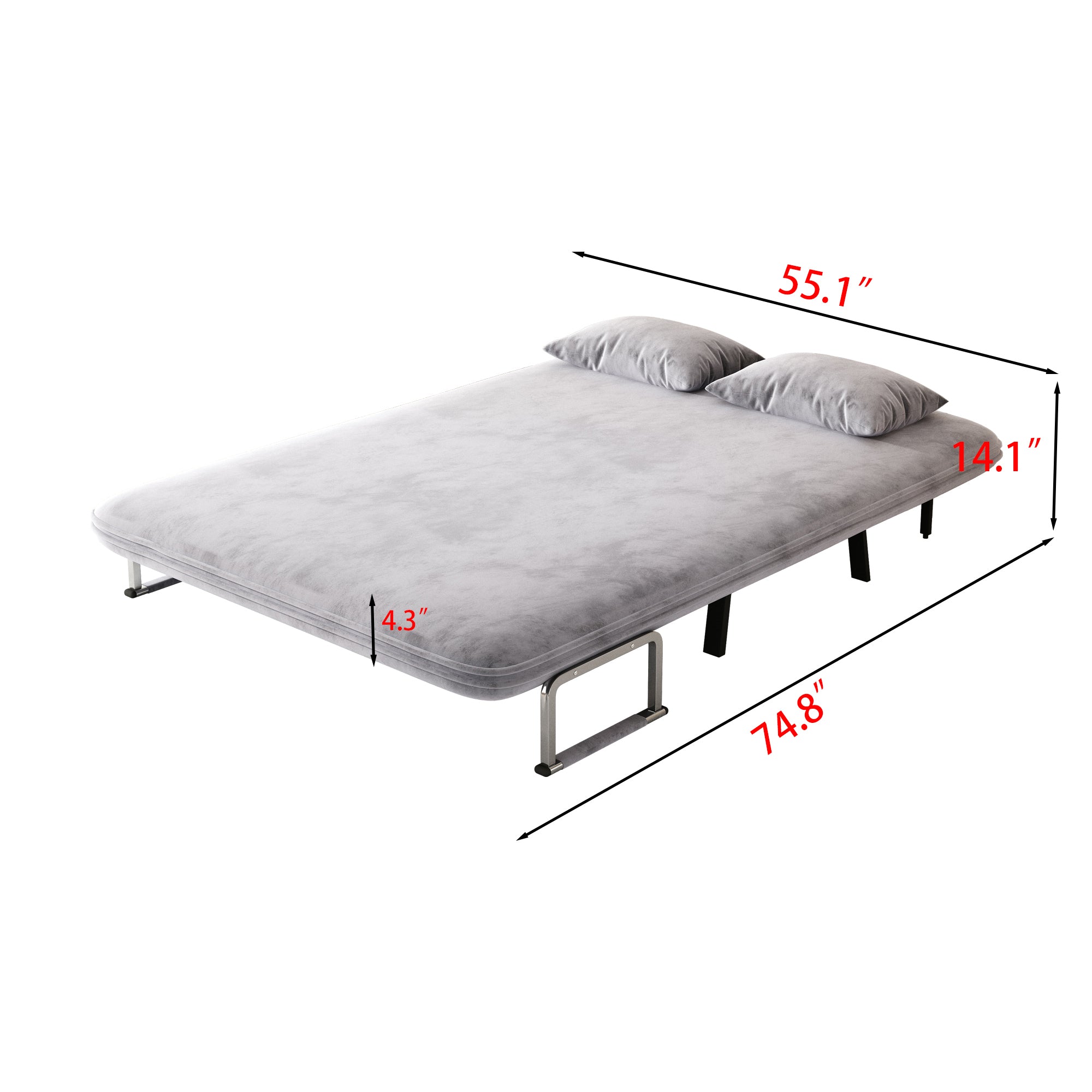 velvet light gray 55″ Convertible Chair Bed, Tri-Fold Sofa Bed with Adjustable Backrest & Pillow, Leisure Chaise Lounge Couch with Sturdy Steel Frame for Home & Office, Comfortable Sleeper Chair
