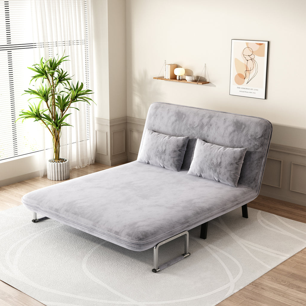 velvet light gray 55″ Convertible Chair Bed, Tri-Fold Sofa Bed with Adjustable Backrest & Pillow, Leisure Chaise Lounge Couch with Sturdy Steel Frame for Home & Office, Comfortable Sleeper Chair