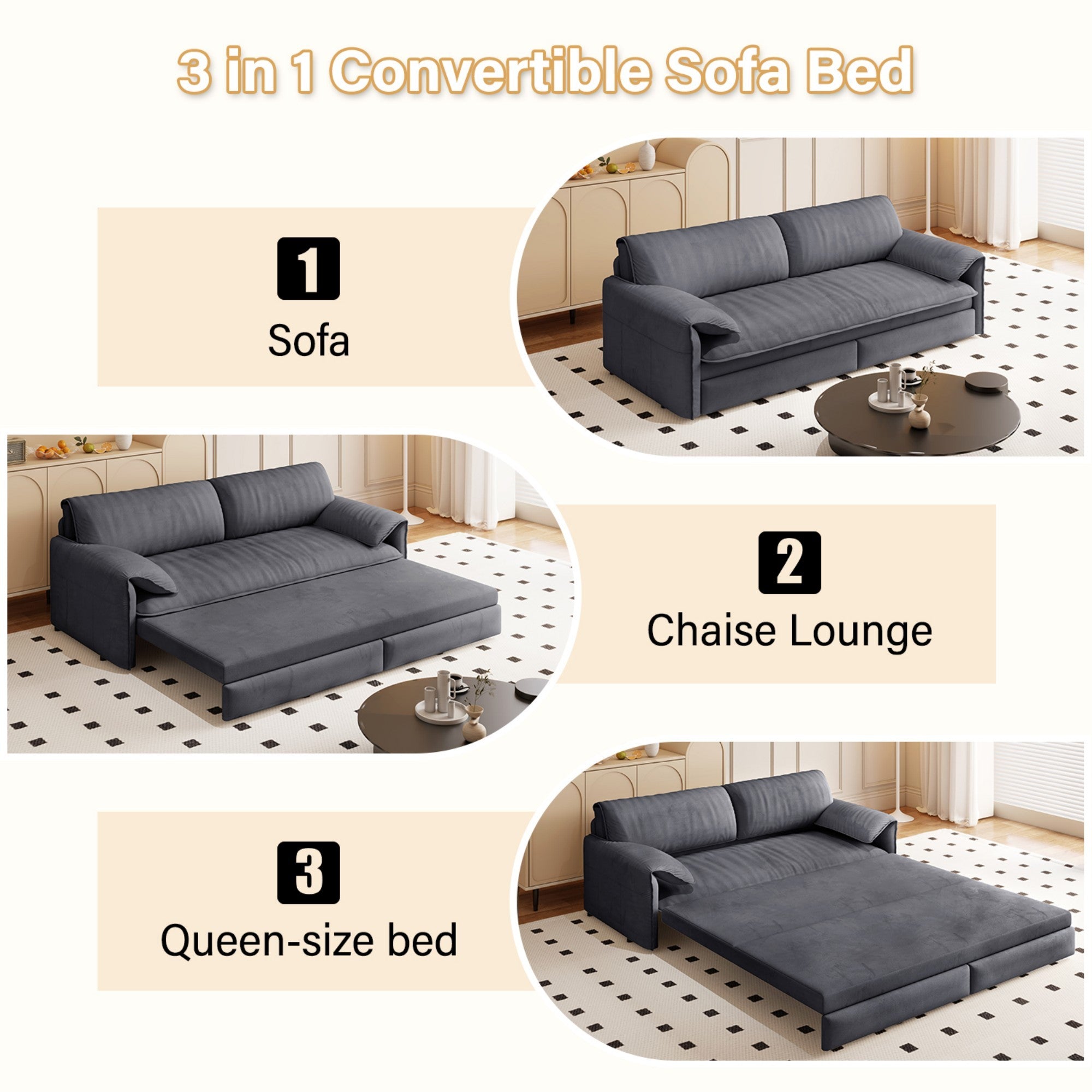 66' Queen Pull Out Sofa Bed, 3-in-1 Convertible Sleeper Sofa with Side Storage,Multi-Functional Velvet Loveseat Bed for Living Room,Bedroom,Apartment,Office