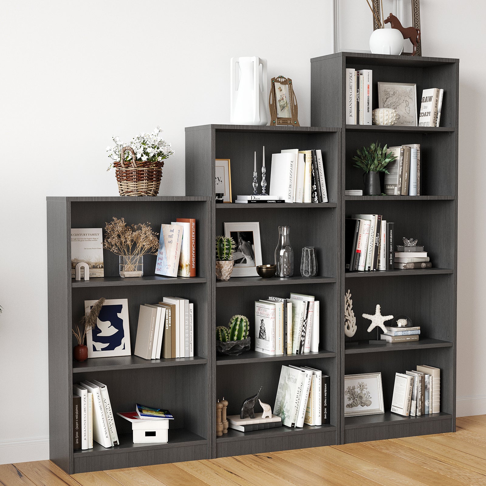 Bookcase Freestanding 5 Shelf Wood Bookshelf Adjustable Shelves for Home Office,5 Layer, Grey
