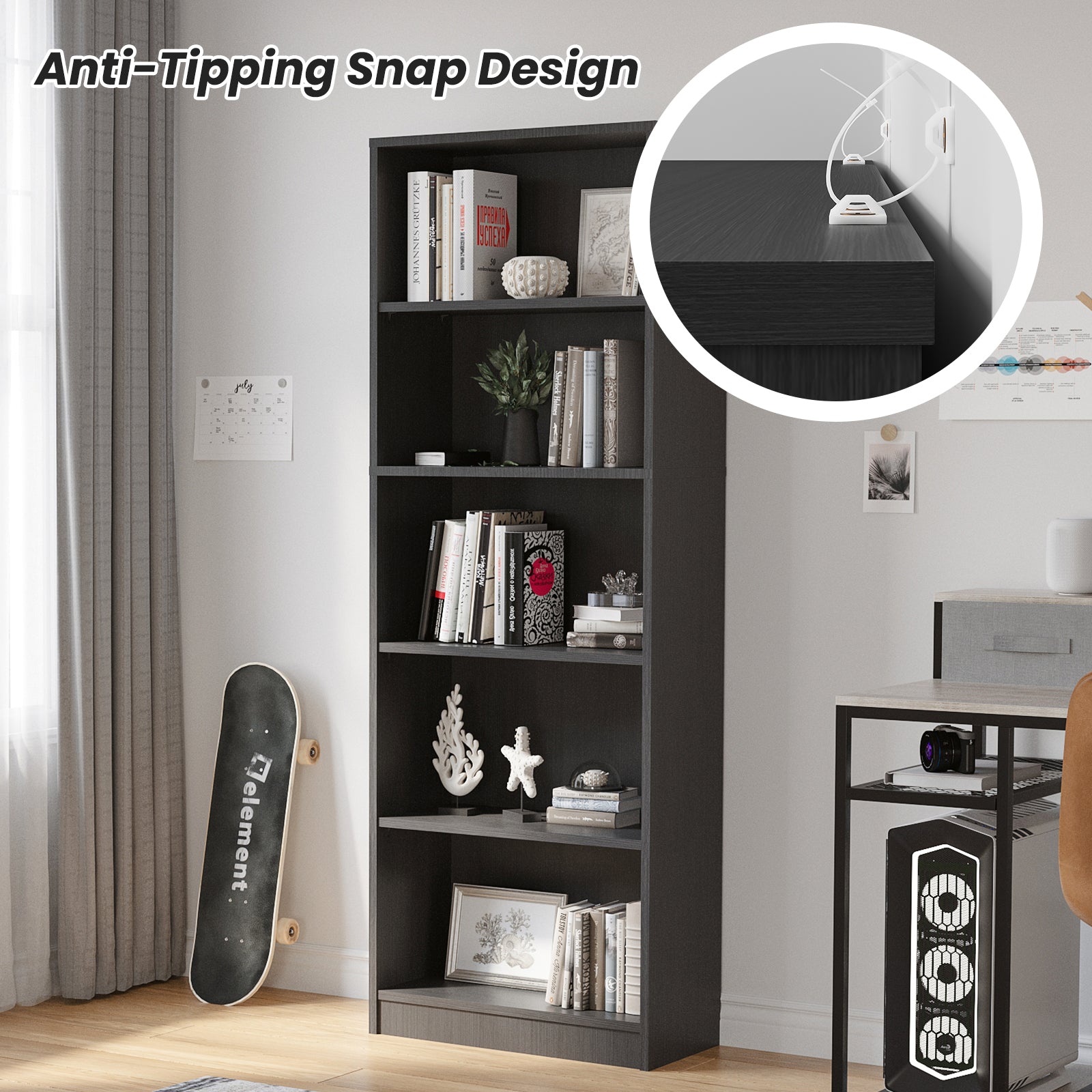 Bookcase Freestanding 5 Shelf Wood Bookshelf Adjustable Shelves for Home Office,5 Layer, Grey