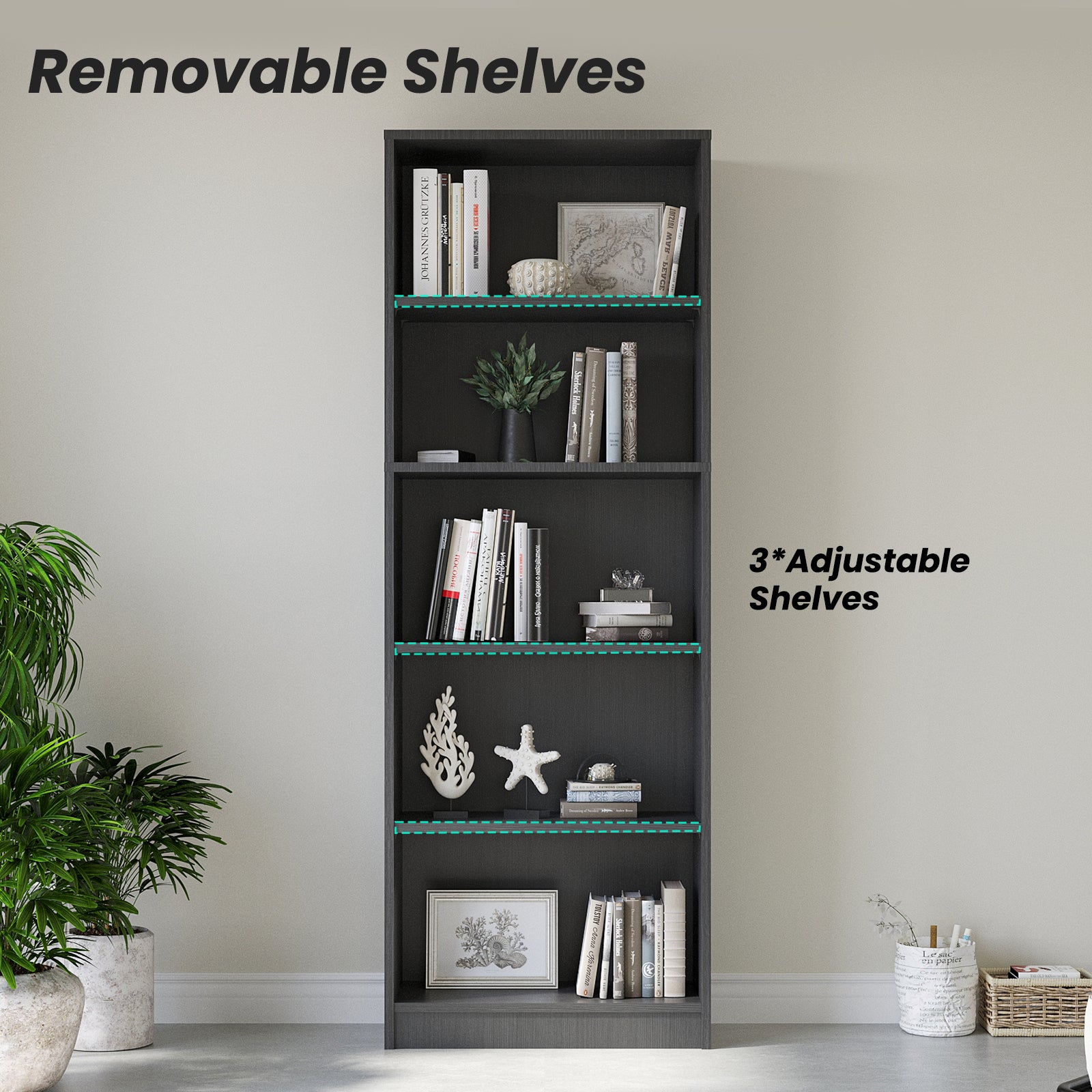 Bookcase Freestanding 5 Shelf Wood Bookshelf Adjustable Shelves for Home Office,5 Layer, Grey