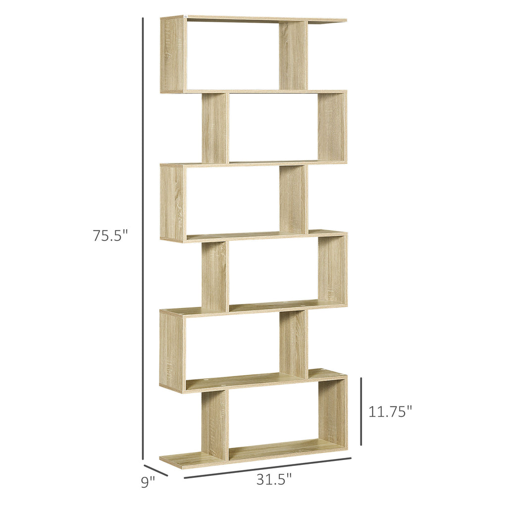 HOMCOM 75.5'H Bookcase 6 Shelf S-Shaped Bookshelf Wooden Storage Display Stand Shelf Organizer Free Standing Oak