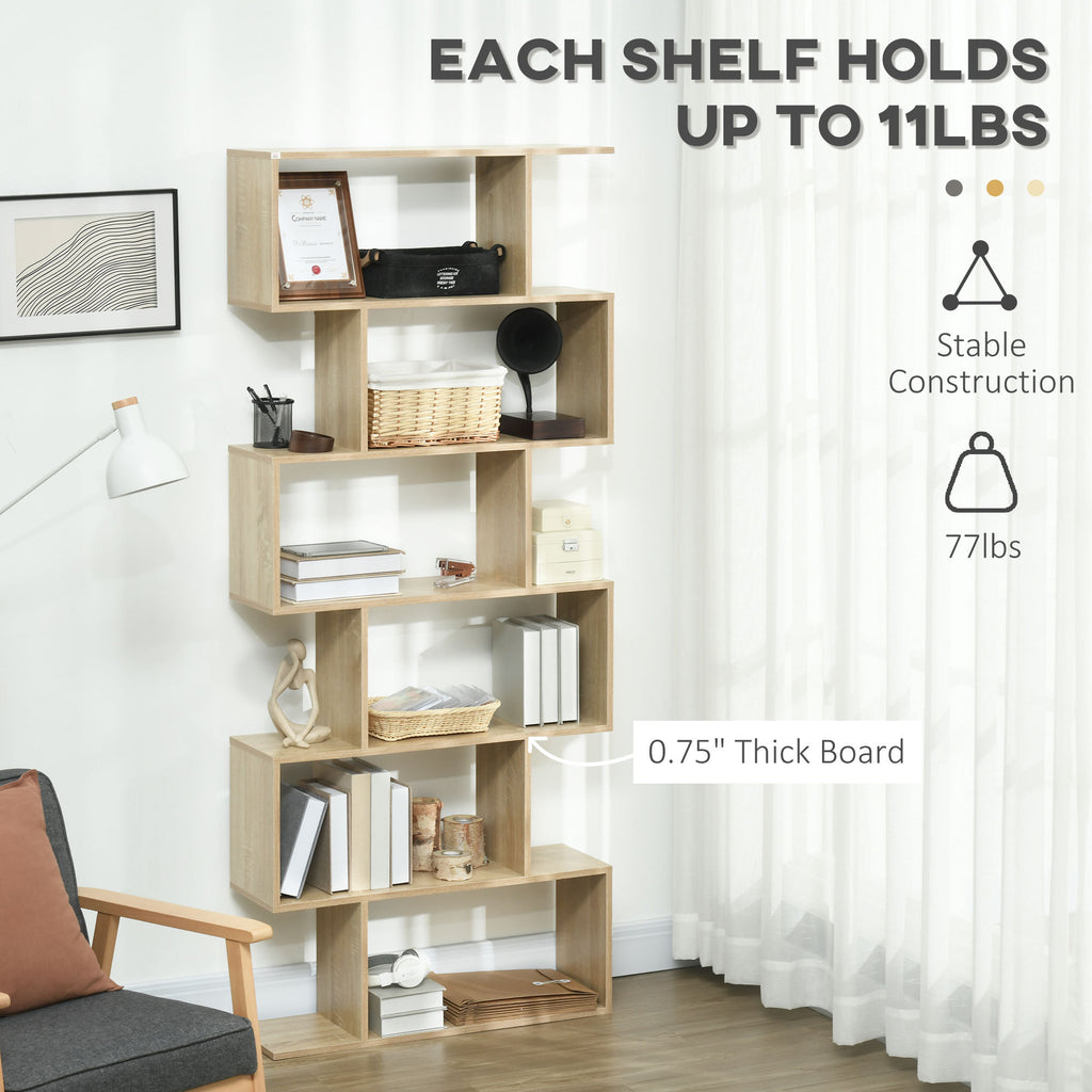 HOMCOM 75.5'H Bookcase 6 Shelf S-Shaped Bookshelf Wooden Storage Display Stand Shelf Organizer Free Standing Oak