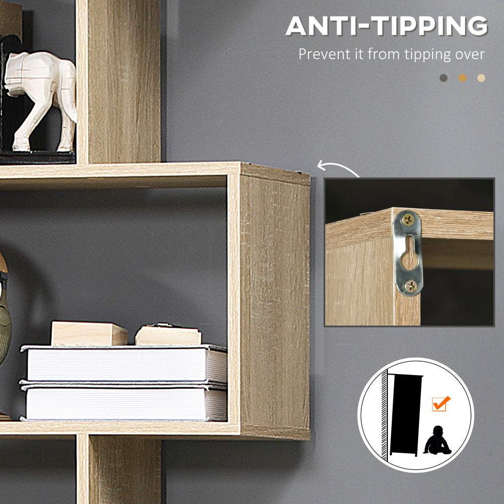 HOMCOM 75.5'H Bookcase 6 Shelf S-Shaped Bookshelf Wooden Storage Display Stand Shelf Organizer Free Standing Oak