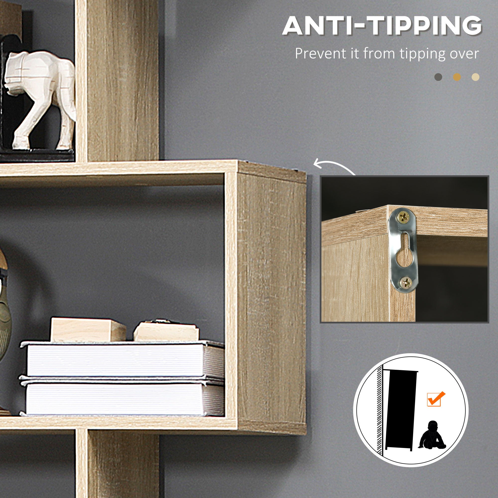 HOMCOM 75.5'H Bookcase 6 Shelf S-Shaped Bookshelf Wooden Storage Display Stand Shelf Organizer Free Standing Oak