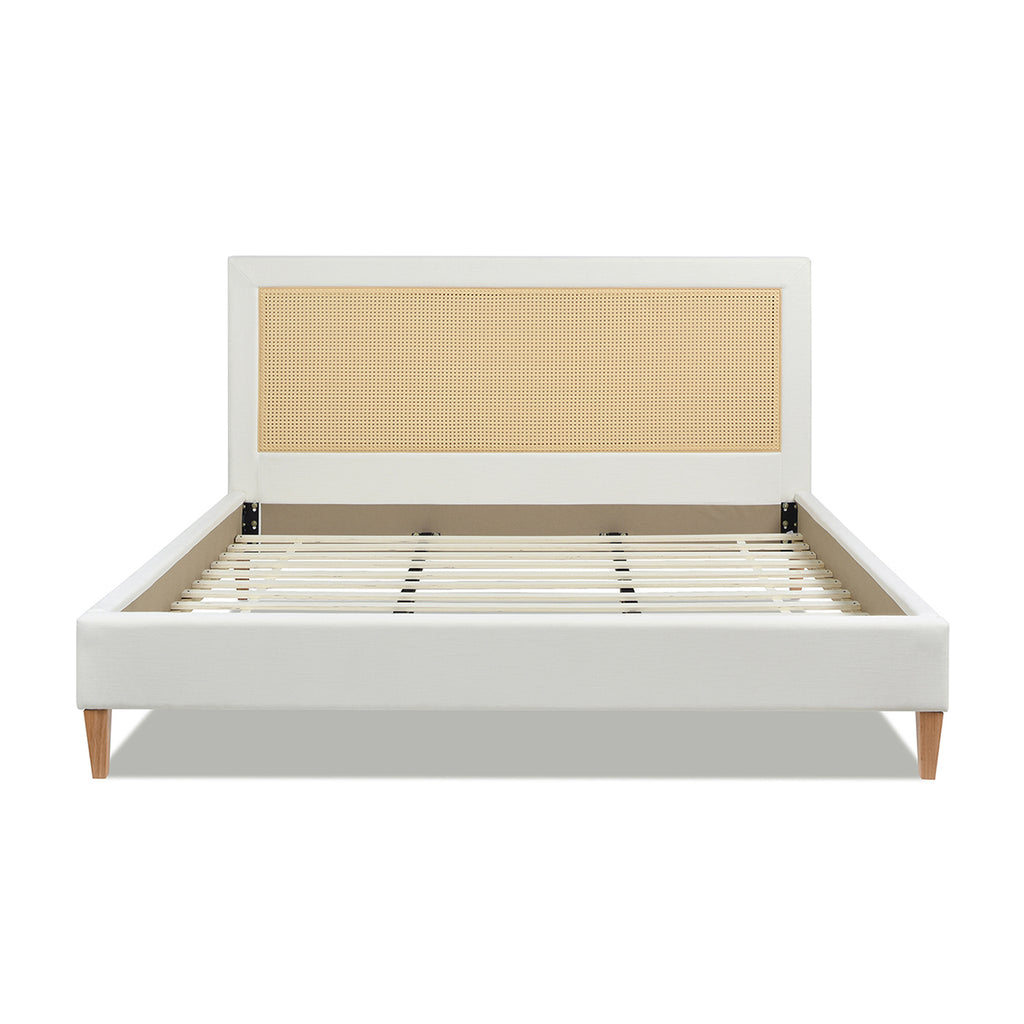 Haley Upholstered Cane-Back Platform Bed, Queen, Antique White Polyester