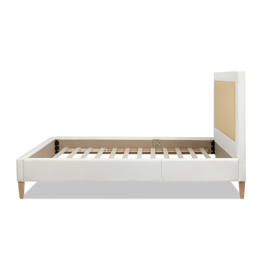 Haley Upholstered Cane-Back Platform Bed, Queen, Antique White Polyester