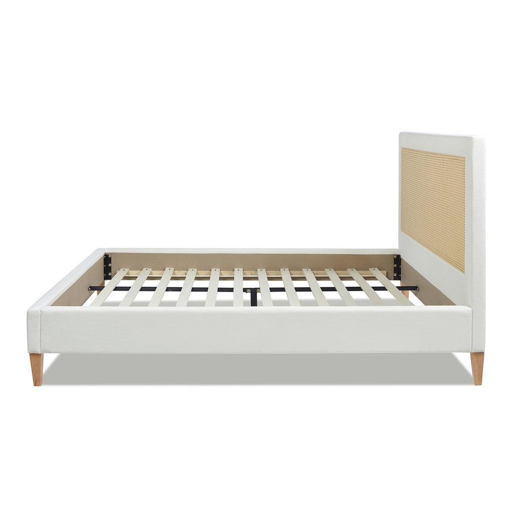 Haley Upholstered Cane-Back Platform Bed, King, Antique White Polyester
