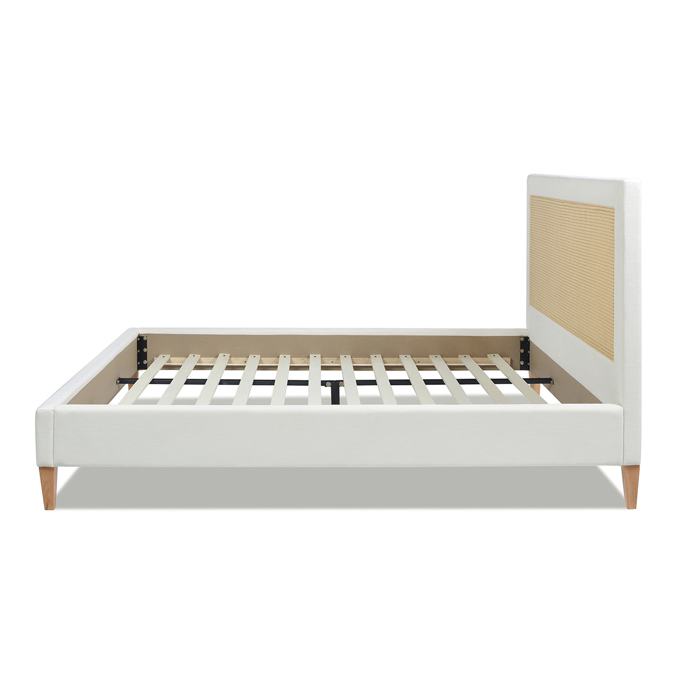 Haley Upholstered Cane-Back Platform Bed, King, Antique White Polyester