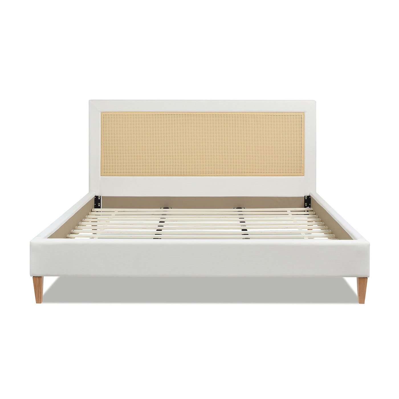 Haley Upholstered Cane-Back Platform Bed, King, Antique White Polyester