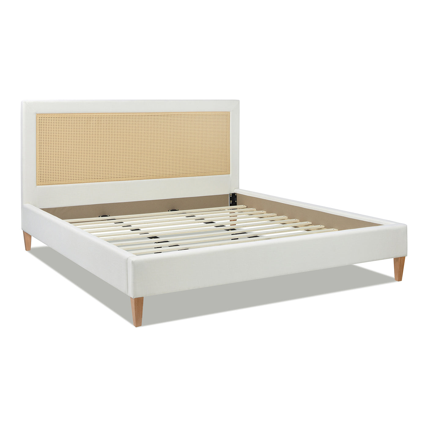 Haley Upholstered Cane-Back Platform Bed, King, Antique White Polyester