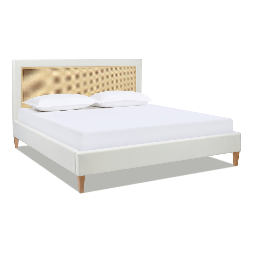 Haley Upholstered Cane-Back Platform Bed, King, Antique White Polyester