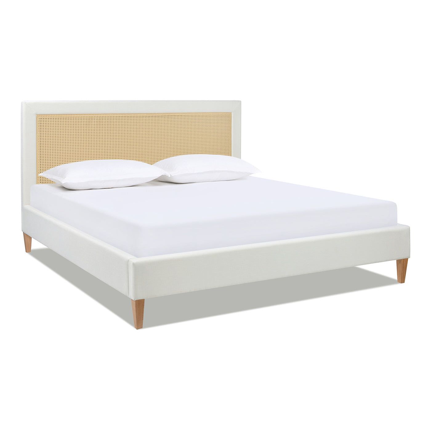 Haley Upholstered Cane-Back Platform Bed, King, Antique White Polyester