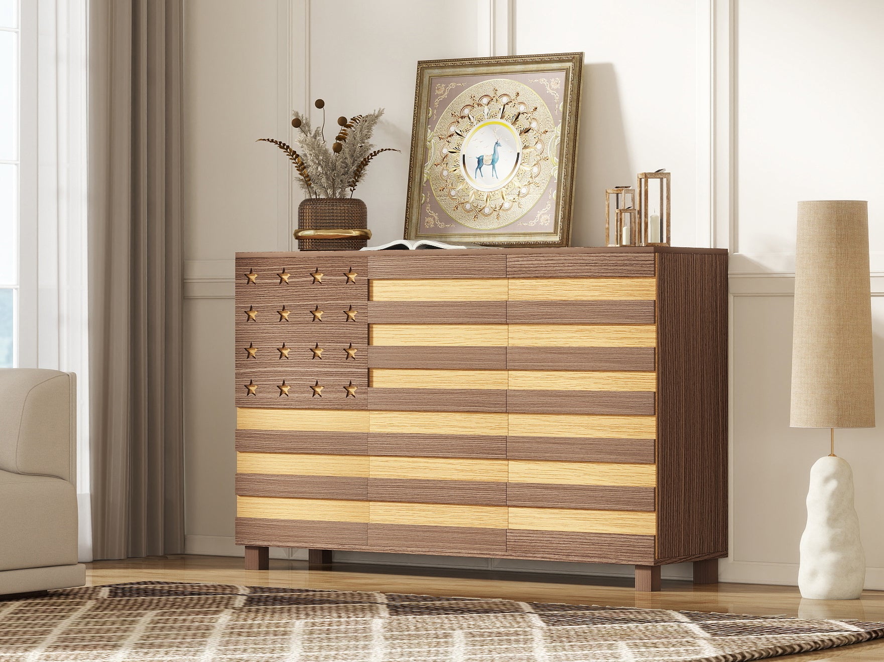 55'Buffet Sideboard Cabinet Storage: versatile kitchen storage cabinet with Hand Carved Craftsmanship featuring 2 drawers and 3 doors, this piece doubles as a coffee bar console with adjustable shelve