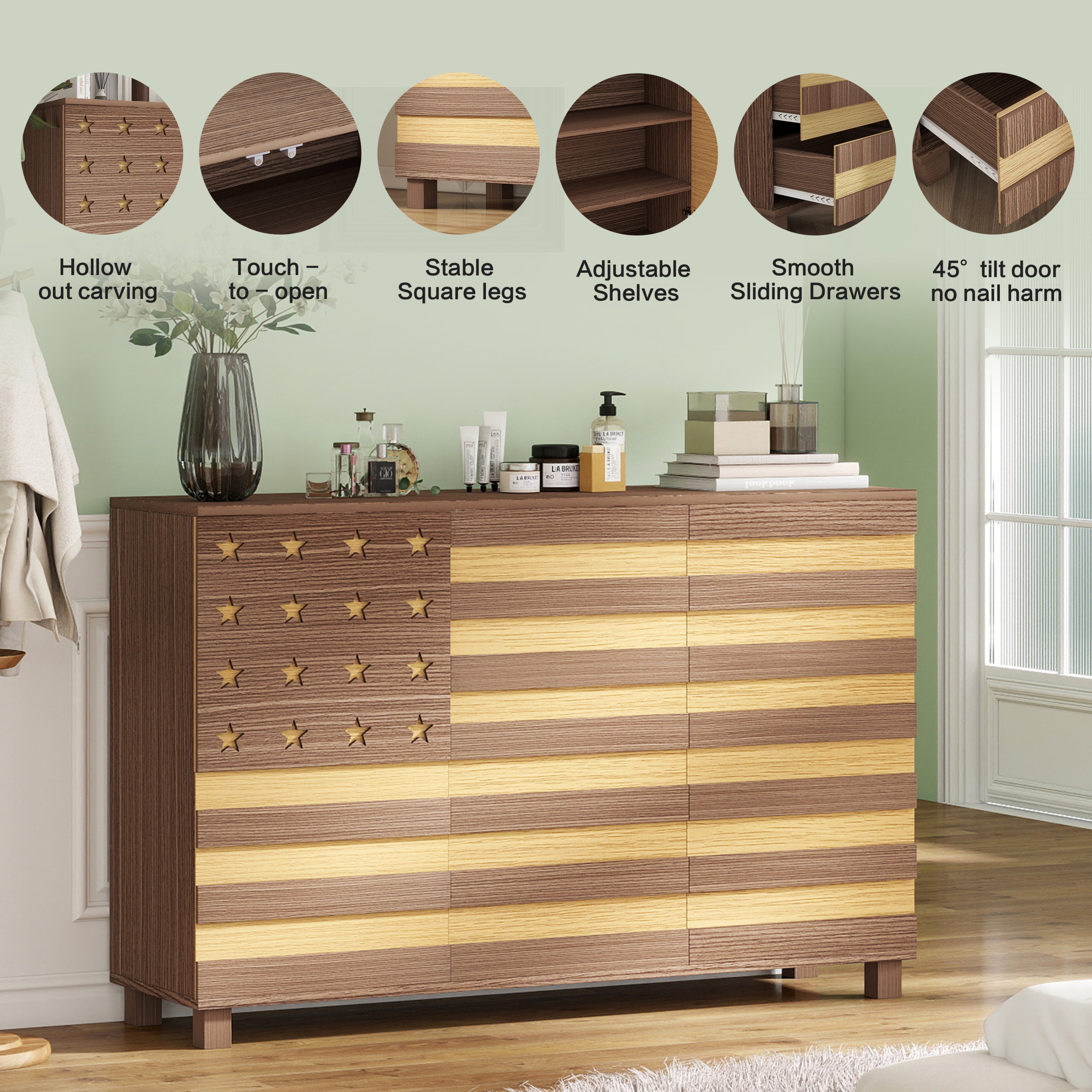 55'Buffet Sideboard Cabinet Storage: versatile kitchen storage cabinet with Hand Carved Craftsmanship featuring 2 drawers and 3 doors, this piece doubles as a coffee bar console with adjustable shelve